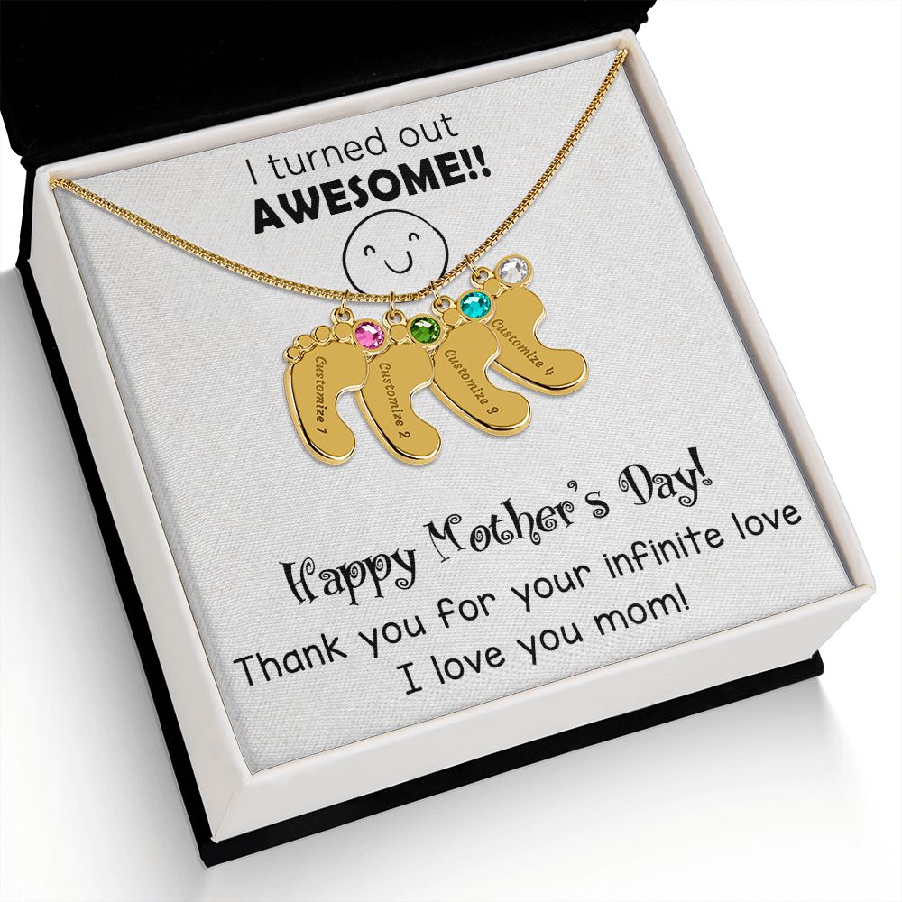 ENGRAVED BABY FEET WITH NAME AND BIRTHSTONE, NECKLACE GIFT FOR MOM WITH KIDS NAME, WITH MESSAGE CARD, MOTHER'S DAY GIFT FOR MOM FROM SON/DAUGHTER