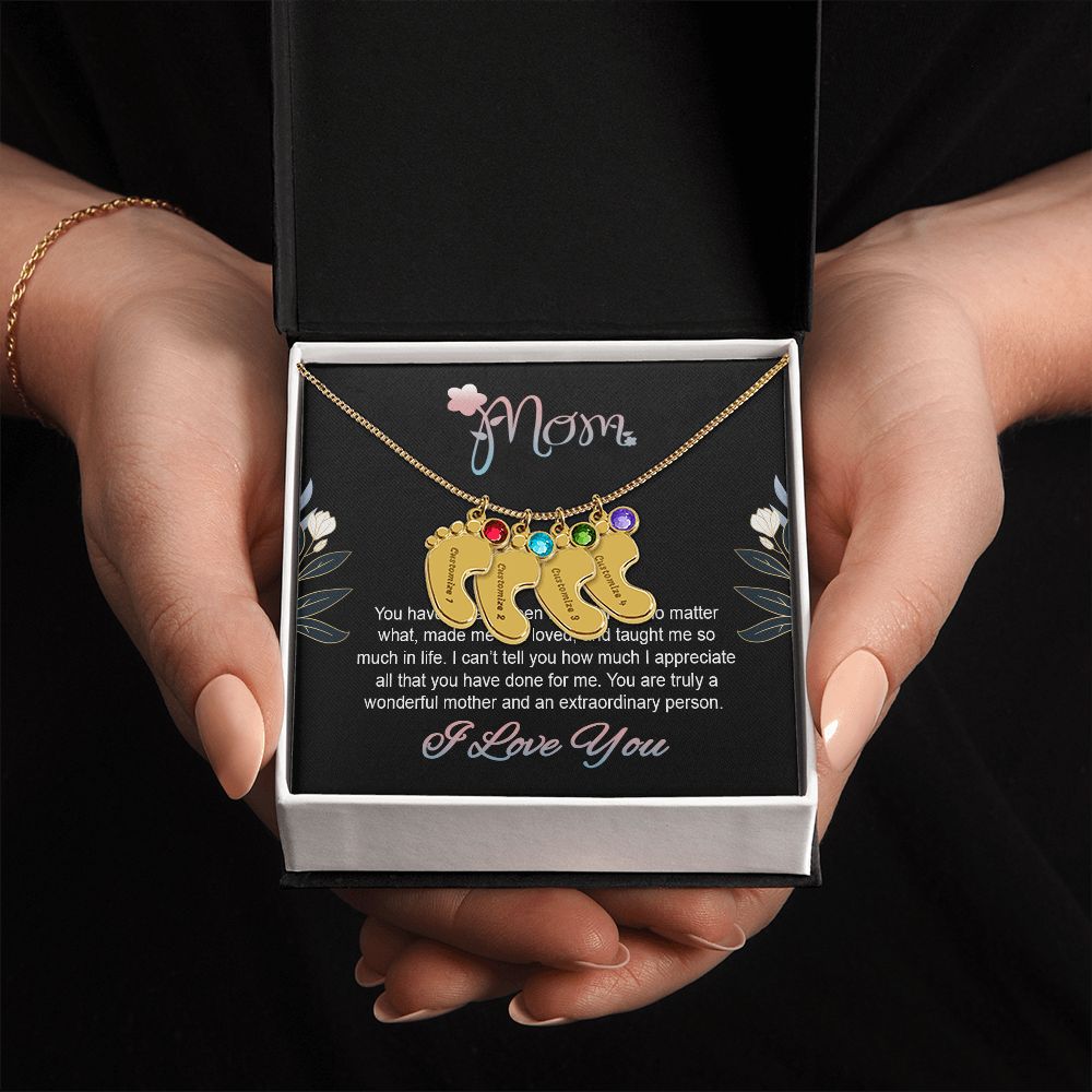 ENGRAVED BABY FEET WITH NAME AND BIRTHSTONE, NECKLACE GIFT FOR MOM WITH KIDS NAME, WITH MESSAGE CARD, BIRTHDAY/ MOTHER'S DAY GIFT FOR MOM FROM SON/DAUGHTER