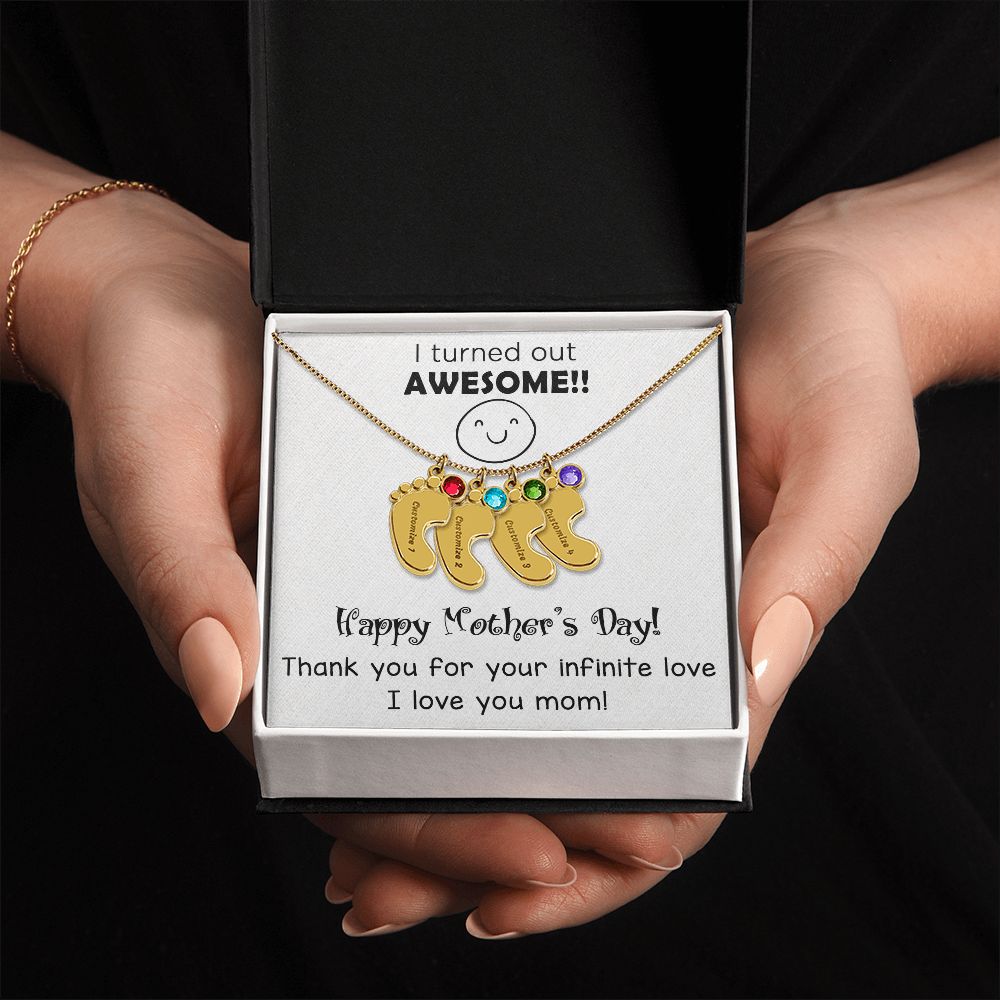 ENGRAVED BABY FEET WITH NAME AND BIRTHSTONE, NECKLACE GIFT FOR MOM WITH KIDS NAME, WITH MESSAGE CARD, MOTHER'S DAY GIFT FOR MOM FROM SON/DAUGHTER
