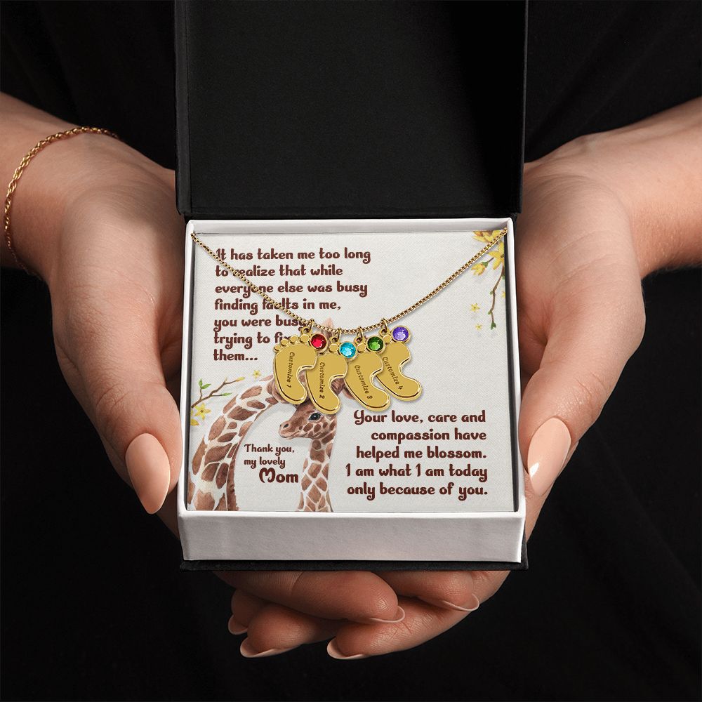 ENGRAVED BABY FEET WITH NAME AND BIRTHSTONE, NECKLACE GIFT FOR MOM WITH KIDS NAME, WITH MESSAGE CARD, HAPPY MOTHER'S DAY, GIFT FOR MOM FROM SON/DAUGHTER