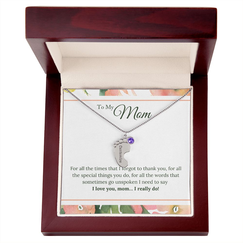 ENGRAVED BABY FEET WITH NAME AND BIRTHSTONE, NECKLACE GIFT FOR MOM WITH KIDS NAME, WITH MESSAGE CARD, HAPPY MOTHER'S DAY GIFT FOR MOM FROM SON/DAUGHTER
