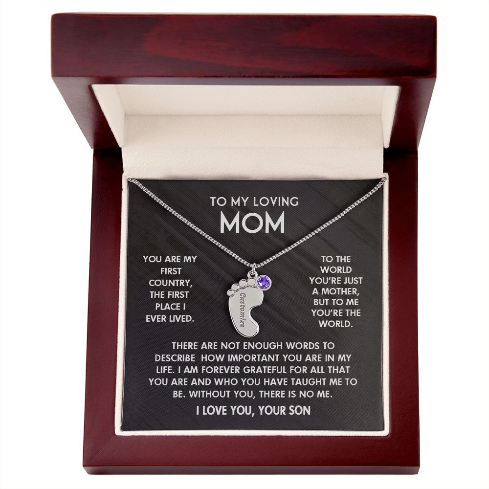 ENGRAVED BABY FEET WITH NAME AND BIRTHSTONE, NECKLACE GIFT FOR MOM WITH KIDS NAME, WITH MESSAGE CARD, BIRTHDAY/ MOTHER'S DAY GIFT FOR MOM FROM SON
