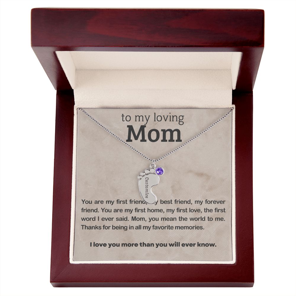 ENGRAVED BABY FEET WITH NAME AND BIRTHSTONE, NECKLACE GIFT FOR MOM WITH KIDS NAME, WITH MESSAGE CARD, BIRTHDAY/MOTHER'S DAY GIFT FOR MOM, FROM SON/DAUGHTER