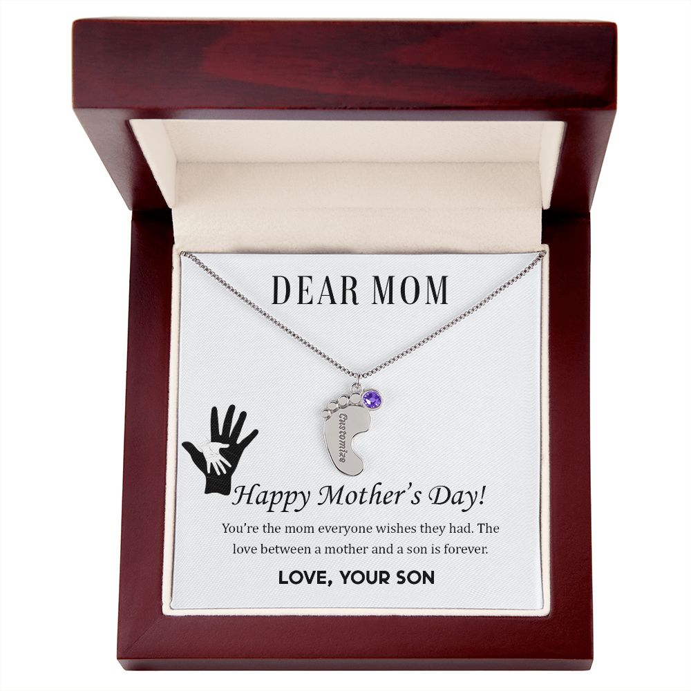 ENGRAVED BABY FEET WITH NAME AND BIRTHSTONE, NECKLACE GIFT FOR MOM WITH KIDS NAME, WITH MESSAGE CARD, BIRTHDAY/ MOTHER'S DAY GIFT FOR MOM FROM SON