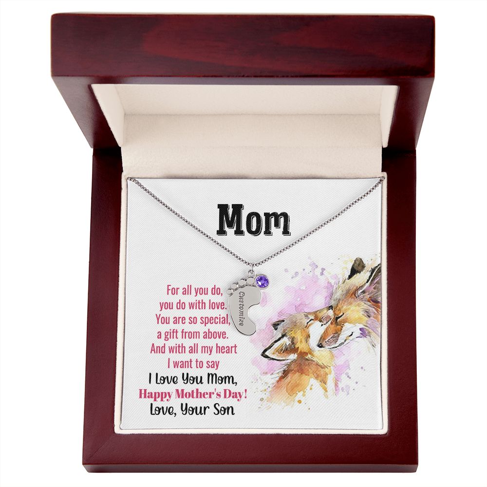 ENGRAVED BABY FEET WITH NAME AND BIRTHSTONE, NECKLACE GIFT FOR MOM WITH KIDS NAME, WITH MESSAGE CARD, MOTHER'S DAY GIFT FOR MOM FROM SON