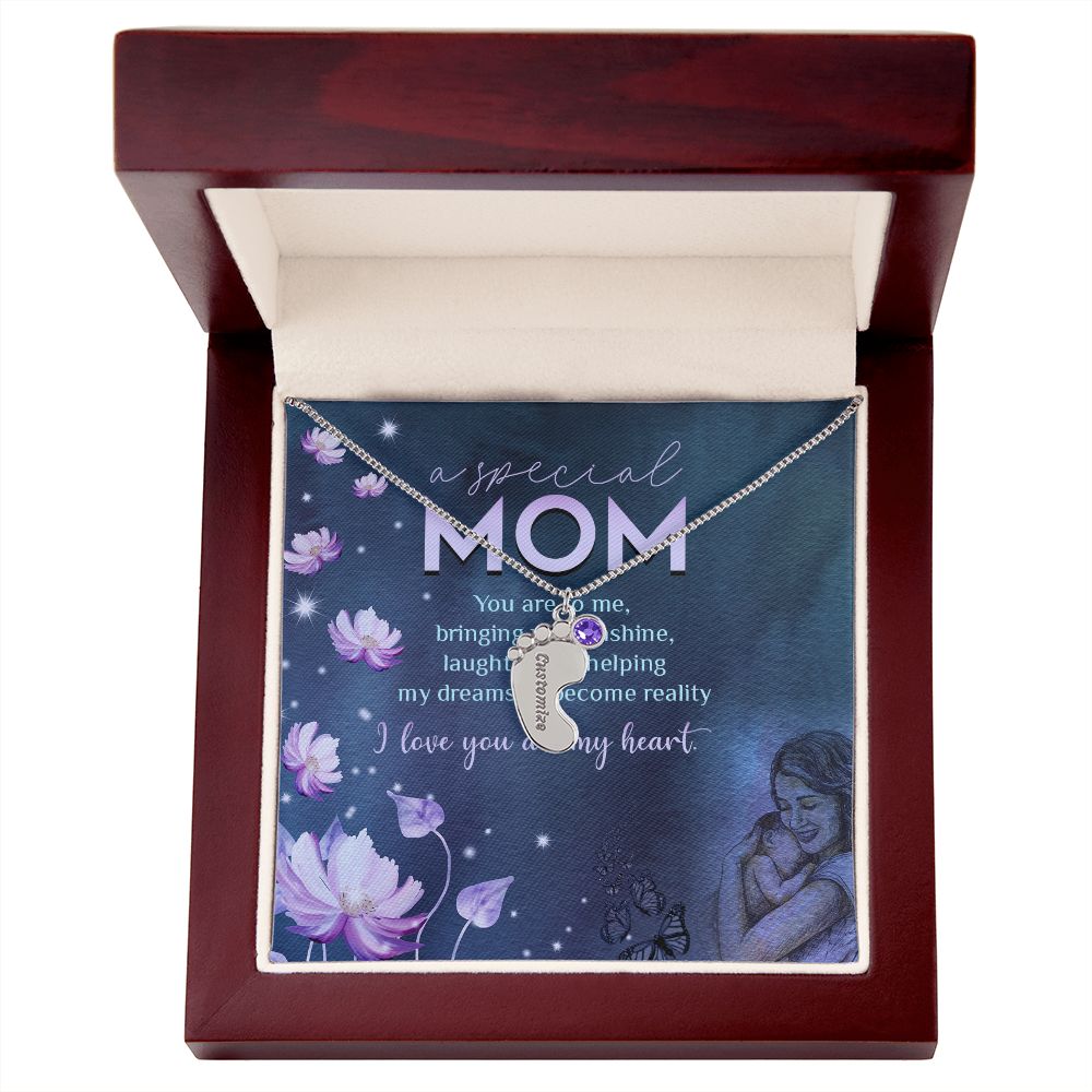 ENGRAVED BABY FEET WITH NAME AND BIRTHSTONE, NECKLACE GIFT FOR MOM WITH KIDS NAME, WITH MESSAGE CARD, BIRTHDAY/MOTHER'S DAY GIFT FOR MOM, FROM KIDS