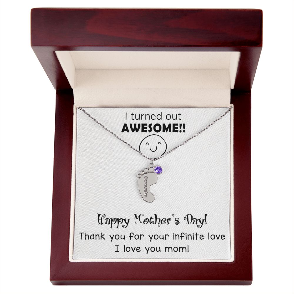 ENGRAVED BABY FEET WITH NAME AND BIRTHSTONE, NECKLACE GIFT FOR MOM WITH KIDS NAME, WITH MESSAGE CARD, MOTHER'S DAY GIFT FOR MOM FROM SON/DAUGHTER