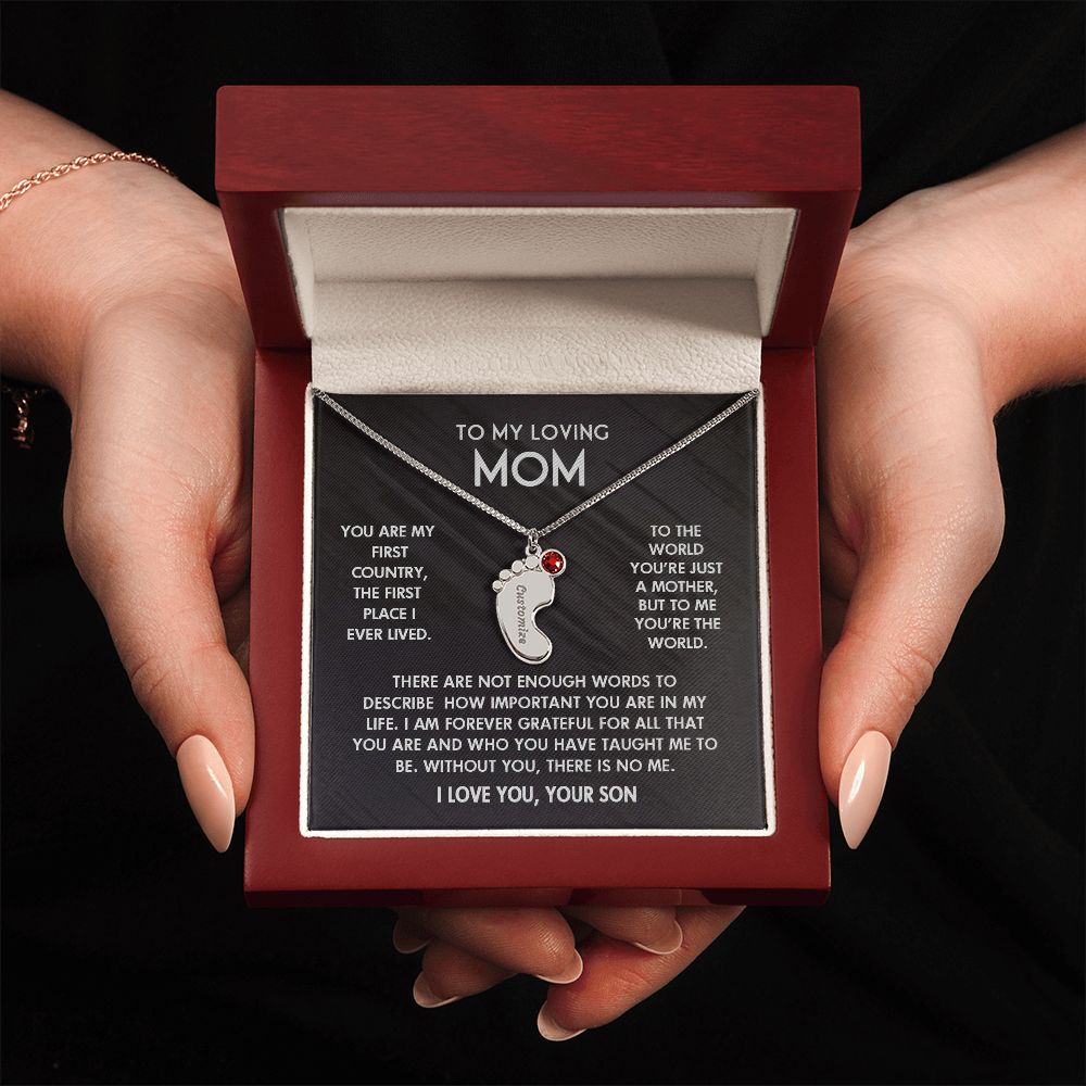 ENGRAVED BABY FEET WITH NAME AND BIRTHSTONE, NECKLACE GIFT FOR MOM WITH KIDS NAME, WITH MESSAGE CARD, BIRTHDAY/ MOTHER'S DAY GIFT FOR MOM FROM SON