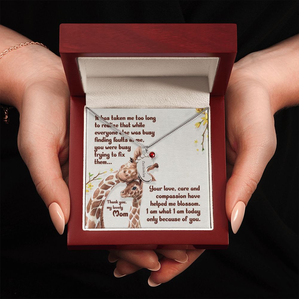 ENGRAVED BABY FEET WITH NAME AND BIRTHSTONE, NECKLACE GIFT FOR MOM WITH KIDS NAME, WITH MESSAGE CARD, HAPPY MOTHER'S DAY, GIFT FOR MOM FROM SON/DAUGHTER