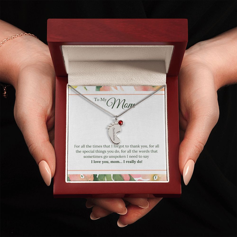 ENGRAVED BABY FEET WITH NAME AND BIRTHSTONE, NECKLACE GIFT FOR MOM WITH KIDS NAME, WITH MESSAGE CARD, HAPPY MOTHER'S DAY GIFT FOR MOM FROM SON/DAUGHTER