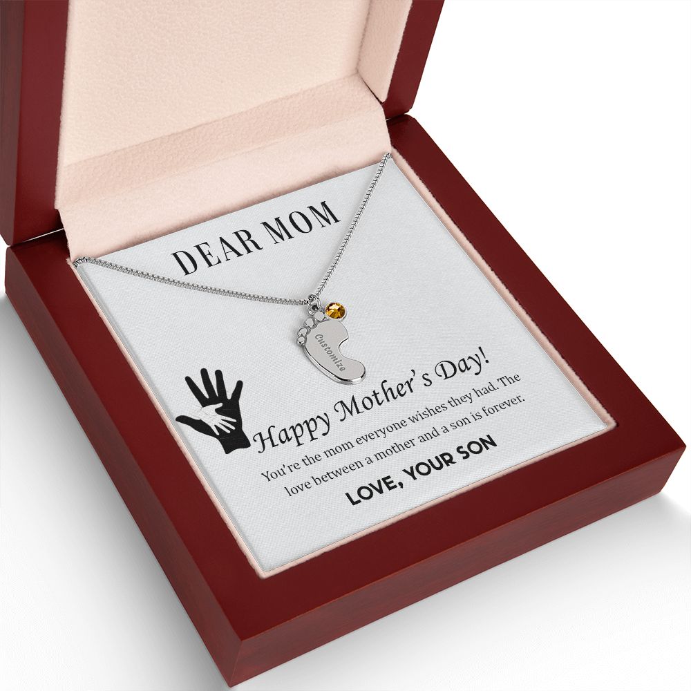ENGRAVED BABY FEET WITH NAME AND BIRTHSTONE, NECKLACE GIFT FOR MOM WITH KIDS NAME, WITH MESSAGE CARD, BIRTHDAY/ MOTHER'S DAY GIFT FOR MOM FROM SON