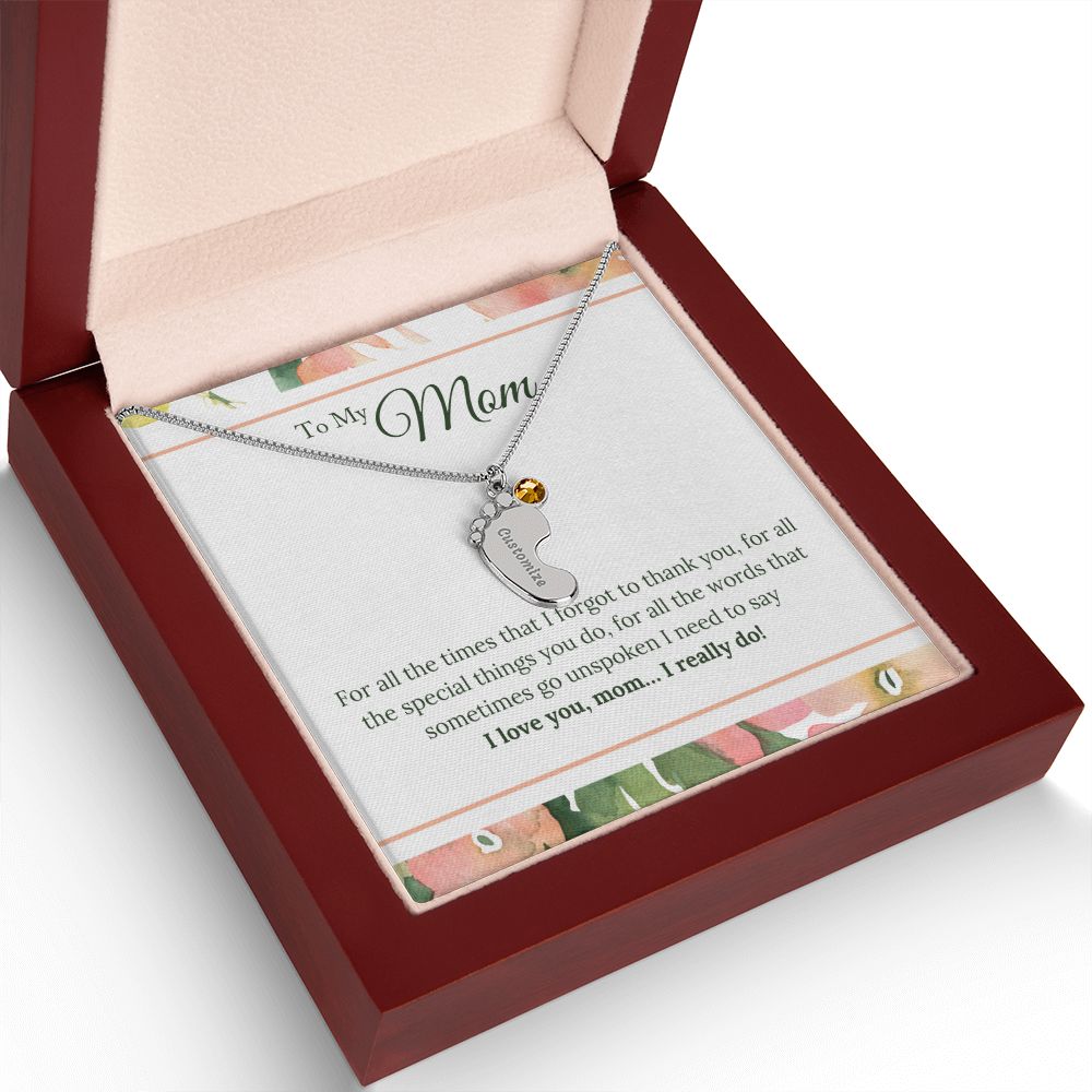 ENGRAVED BABY FEET WITH NAME AND BIRTHSTONE, NECKLACE GIFT FOR MOM WITH KIDS NAME, WITH MESSAGE CARD, HAPPY MOTHER'S DAY GIFT FOR MOM FROM SON/DAUGHTER