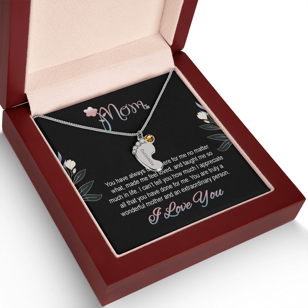 ENGRAVED BABY FEET WITH NAME AND BIRTHSTONE, NECKLACE GIFT FOR MOM WITH KIDS NAME, WITH MESSAGE CARD, BIRTHDAY/ MOTHER'S DAY GIFT FOR MOM FROM SON/DAUGHTER