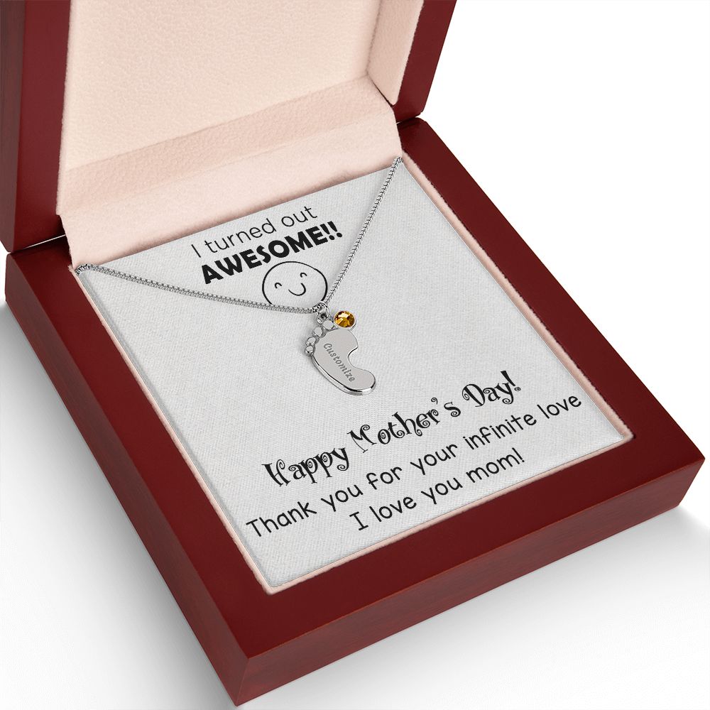 ENGRAVED BABY FEET WITH NAME AND BIRTHSTONE, NECKLACE GIFT FOR MOM WITH KIDS NAME, WITH MESSAGE CARD, MOTHER'S DAY GIFT FOR MOM FROM SON/DAUGHTER