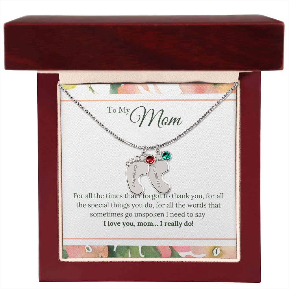 ENGRAVED BABY FEET WITH NAME AND BIRTHSTONE, NECKLACE GIFT FOR MOM WITH KIDS NAME, WITH MESSAGE CARD, HAPPY MOTHER'S DAY GIFT FOR MOM FROM SON/DAUGHTER