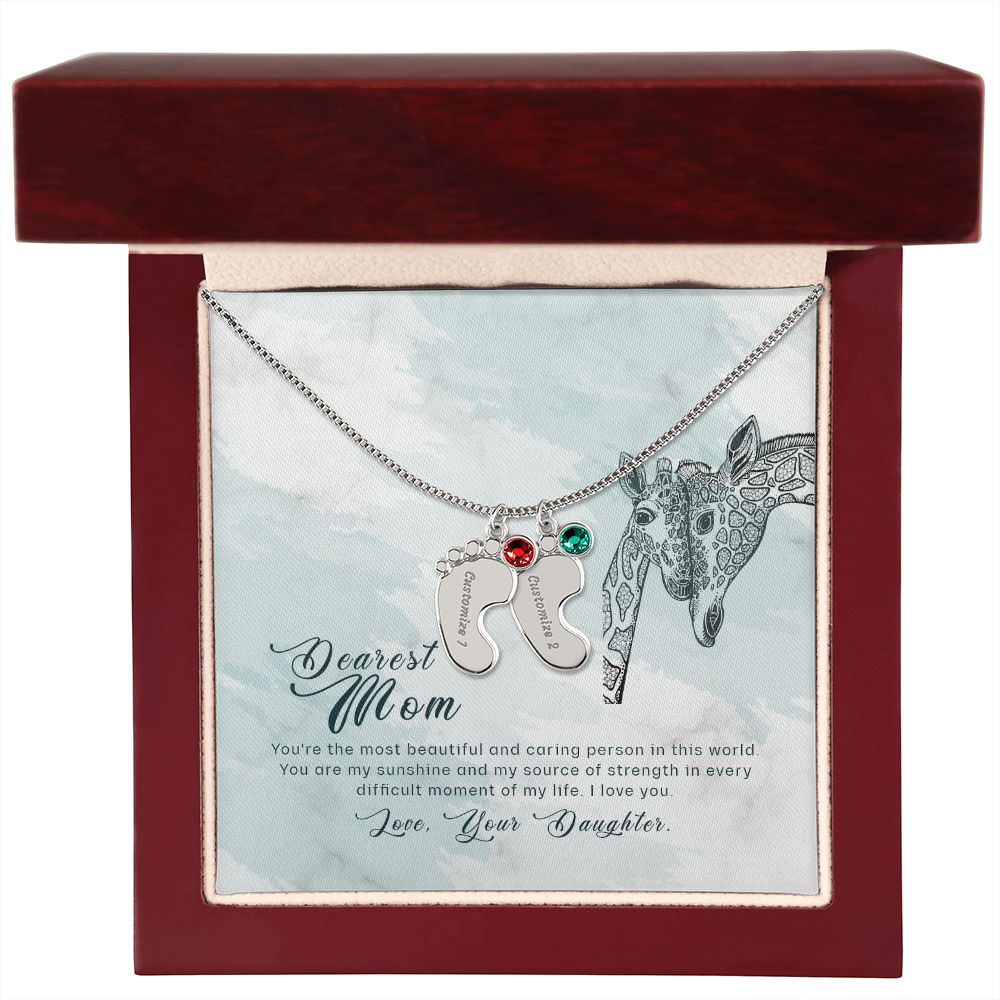 ENGRAVED BABY FEET WITH NAME AND BIRTHSTONE, NECKLACE GIFT FOR MOM WITH KIDS NAME, WITH MESSAGE CARD, BIRTHDAY/MOTHER'S DAY GIFT FOR MOM, FROM DAUGHTER