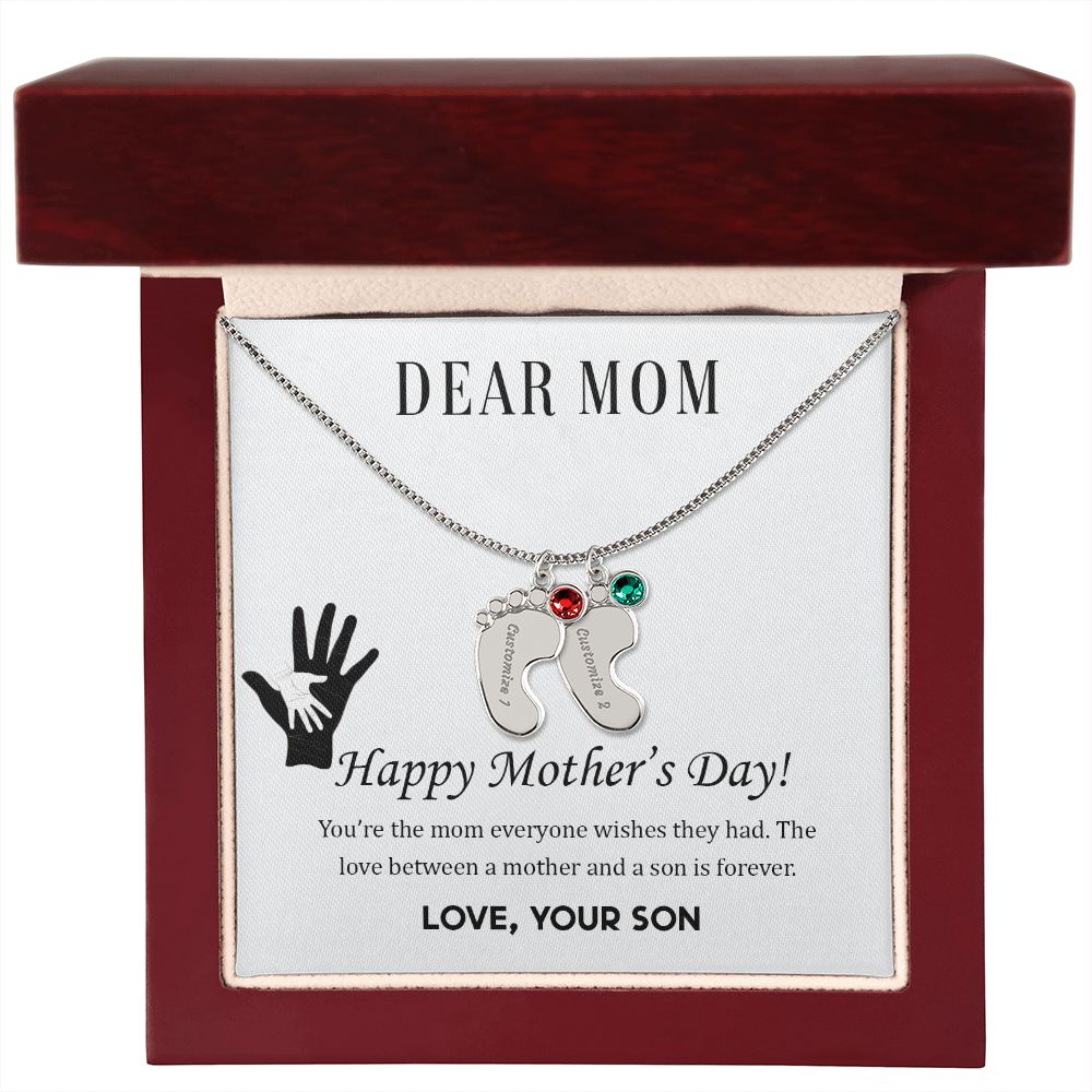 ENGRAVED BABY FEET WITH NAME AND BIRTHSTONE, NECKLACE GIFT FOR MOM WITH KIDS NAME, WITH MESSAGE CARD, BIRTHDAY/ MOTHER'S DAY GIFT FOR MOM FROM SON