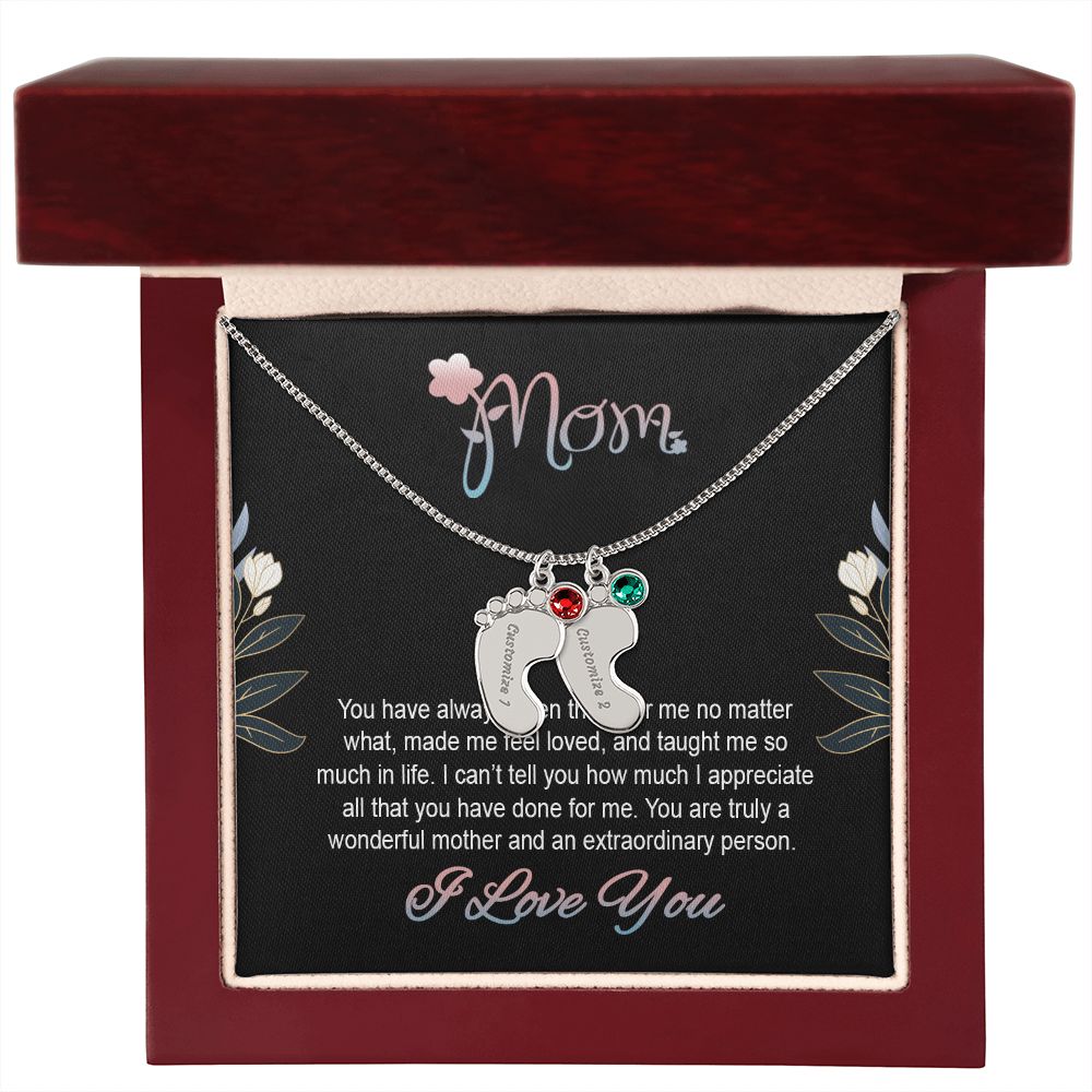 ENGRAVED BABY FEET WITH NAME AND BIRTHSTONE, NECKLACE GIFT FOR MOM WITH KIDS NAME, WITH MESSAGE CARD, BIRTHDAY/ MOTHER'S DAY GIFT FOR MOM FROM SON/DAUGHTER