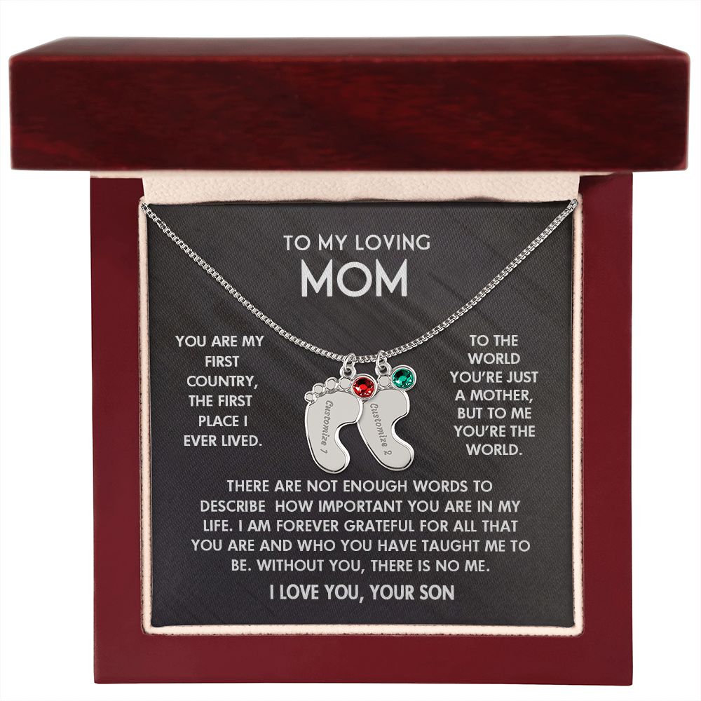 ENGRAVED BABY FEET WITH NAME AND BIRTHSTONE, NECKLACE GIFT FOR MOM WITH KIDS NAME, WITH MESSAGE CARD, BIRTHDAY/ MOTHER'S DAY GIFT FOR MOM FROM SON
