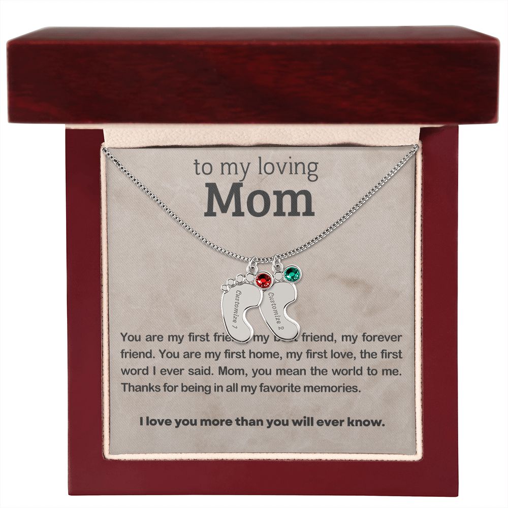 ENGRAVED BABY FEET WITH NAME AND BIRTHSTONE, NECKLACE GIFT FOR MOM WITH KIDS NAME, WITH MESSAGE CARD, BIRTHDAY/MOTHER'S DAY GIFT FOR MOM, FROM SON/DAUGHTER
