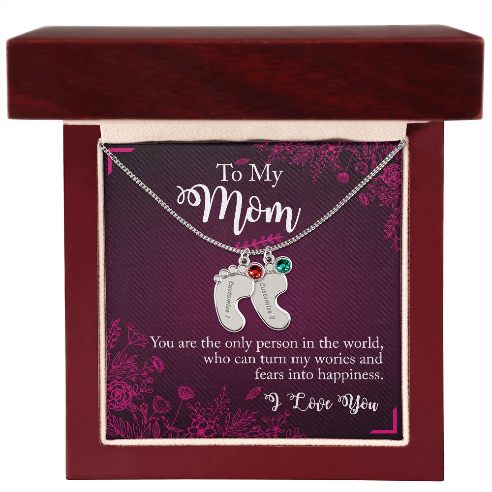 ENGRAVED BABY FEET WITH NAME AND BIRTHSTONE, NECKLACE GIFT FOR MOM WITH KIDS NAME, WITH MESSAGE CARD, BIRTHDAY/MOTHER'S DAY GIFT FOR MOM, FROM SON/DAUGHTER