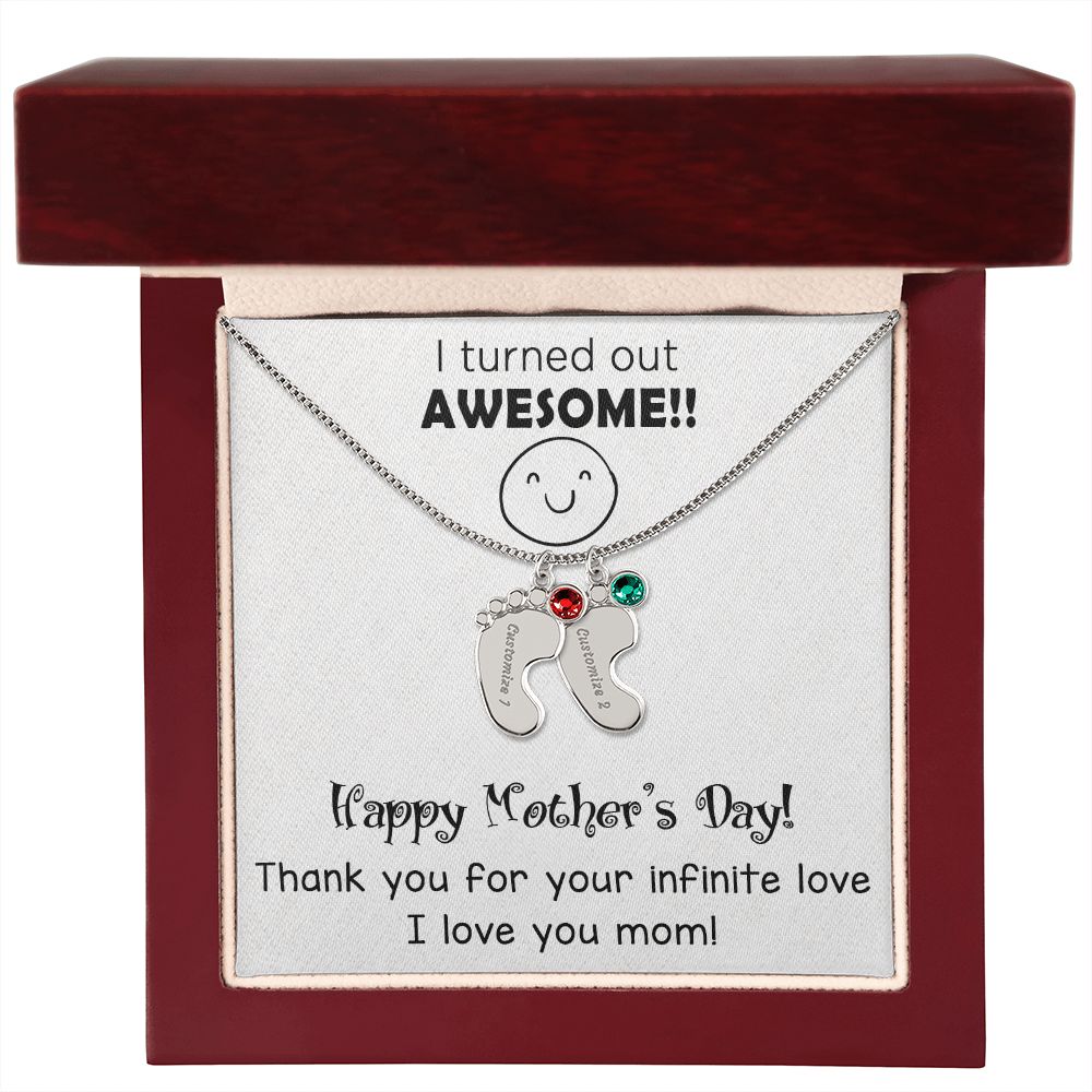 ENGRAVED BABY FEET WITH NAME AND BIRTHSTONE, NECKLACE GIFT FOR MOM WITH KIDS NAME, WITH MESSAGE CARD, MOTHER'S DAY GIFT FOR MOM FROM SON/DAUGHTER