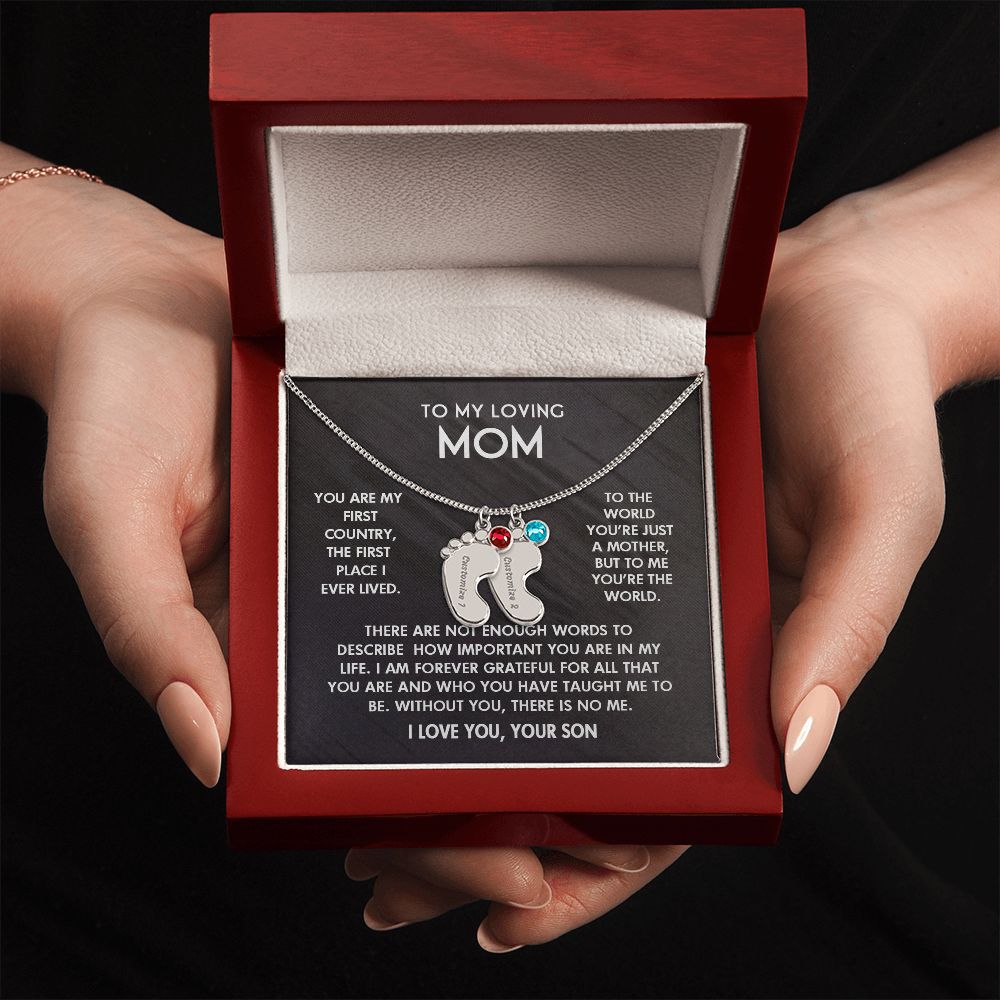 ENGRAVED BABY FEET WITH NAME AND BIRTHSTONE, NECKLACE GIFT FOR MOM WITH KIDS NAME, WITH MESSAGE CARD, BIRTHDAY/ MOTHER'S DAY GIFT FOR MOM FROM SON