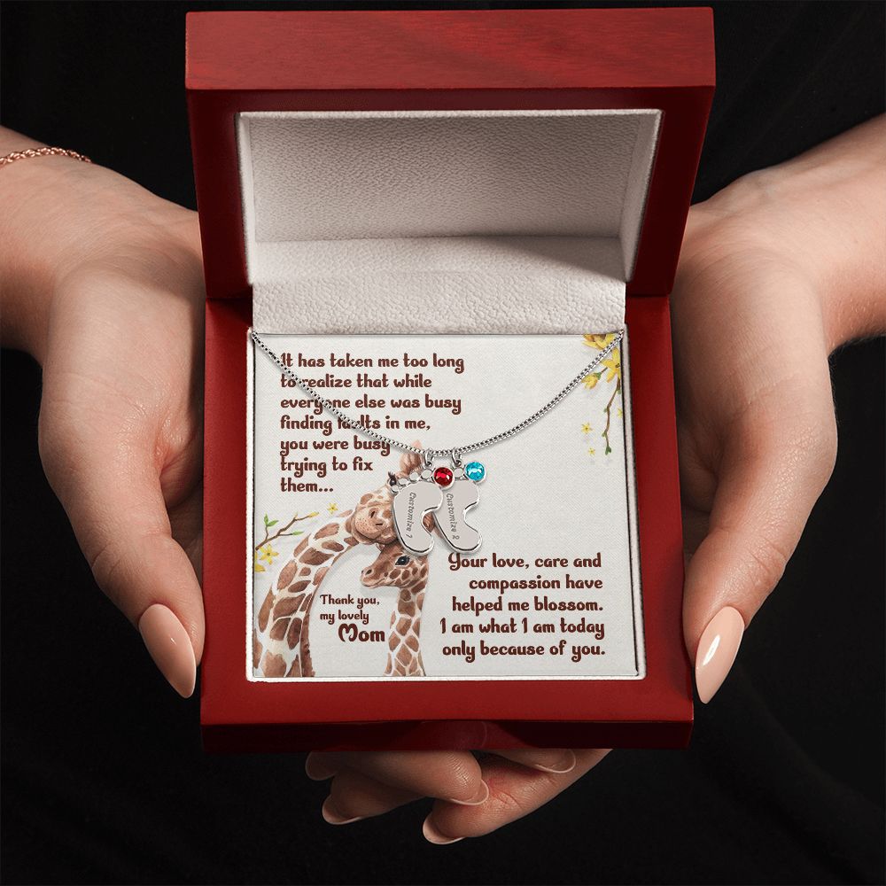 ENGRAVED BABY FEET WITH NAME AND BIRTHSTONE, NECKLACE GIFT FOR MOM WITH KIDS NAME, WITH MESSAGE CARD, HAPPY MOTHER'S DAY, GIFT FOR MOM FROM SON/DAUGHTER