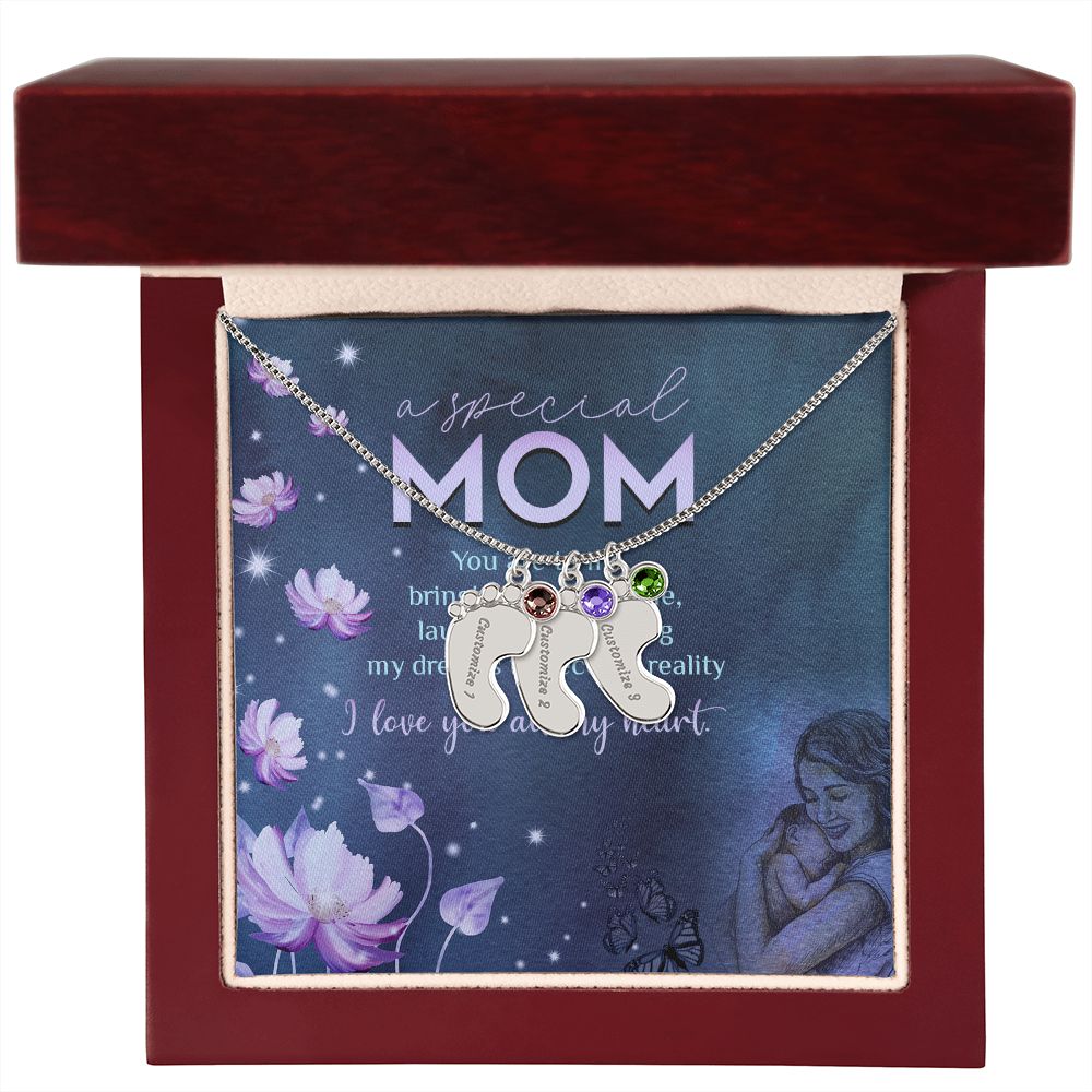 ENGRAVED BABY FEET WITH NAME AND BIRTHSTONE, NECKLACE GIFT FOR MOM WITH KIDS NAME, WITH MESSAGE CARD, BIRTHDAY/MOTHER'S DAY GIFT FOR MOM, FROM KIDS