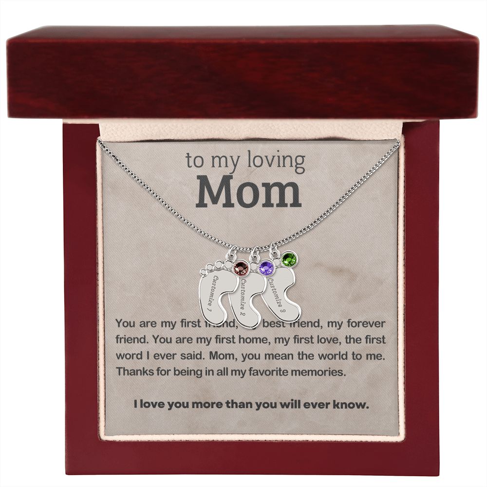 ENGRAVED BABY FEET WITH NAME AND BIRTHSTONE, NECKLACE GIFT FOR MOM WITH KIDS NAME, WITH MESSAGE CARD, BIRTHDAY/MOTHER'S DAY GIFT FOR MOM, FROM SON/DAUGHTER