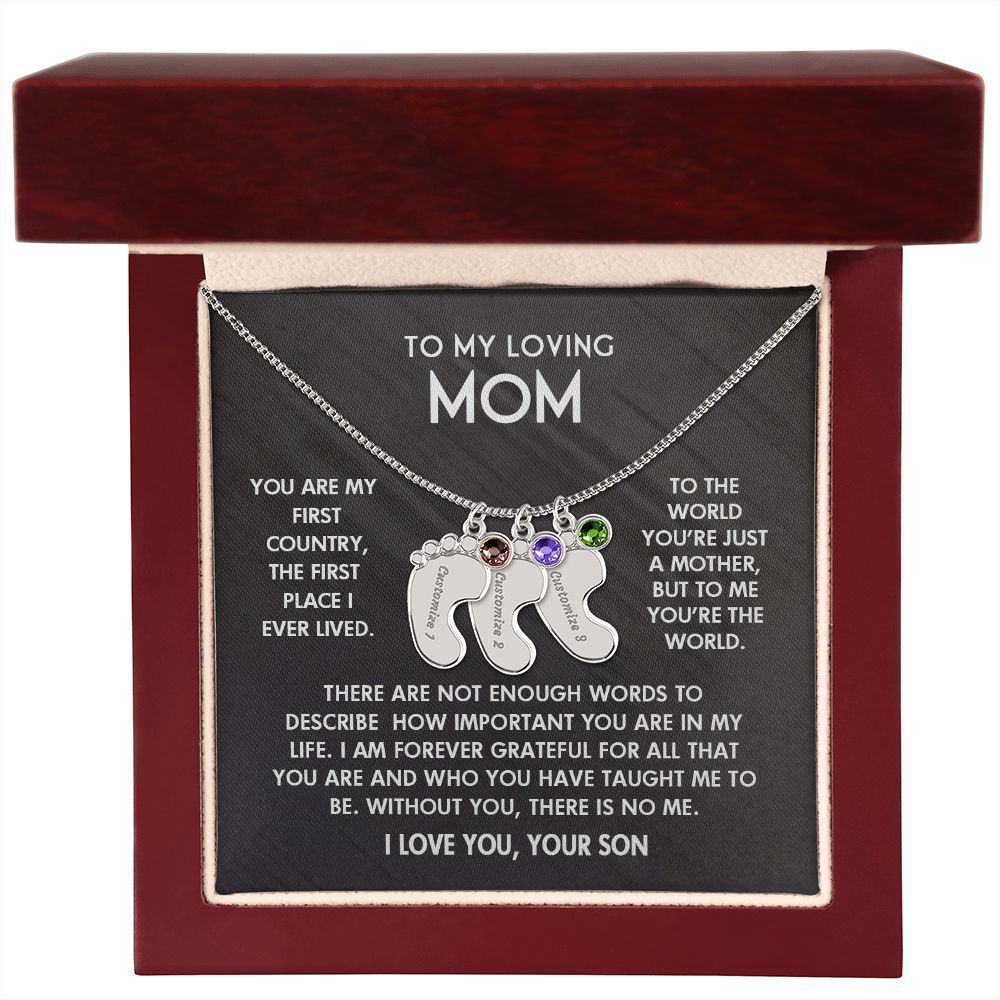 ENGRAVED BABY FEET WITH NAME AND BIRTHSTONE, NECKLACE GIFT FOR MOM WITH KIDS NAME, WITH MESSAGE CARD, BIRTHDAY/ MOTHER'S DAY GIFT FOR MOM FROM SON