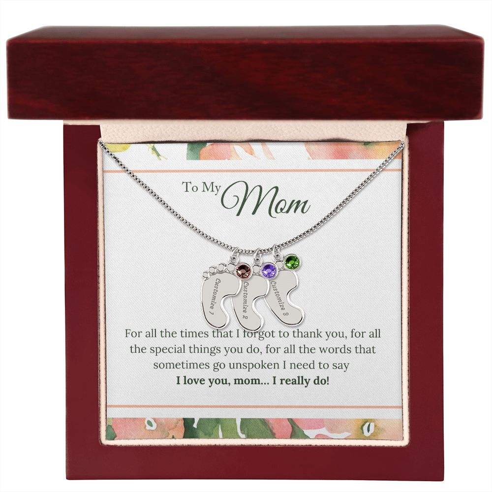 ENGRAVED BABY FEET WITH NAME AND BIRTHSTONE, NECKLACE GIFT FOR MOM WITH KIDS NAME, WITH MESSAGE CARD, HAPPY MOTHER'S DAY GIFT FOR MOM FROM SON/DAUGHTER