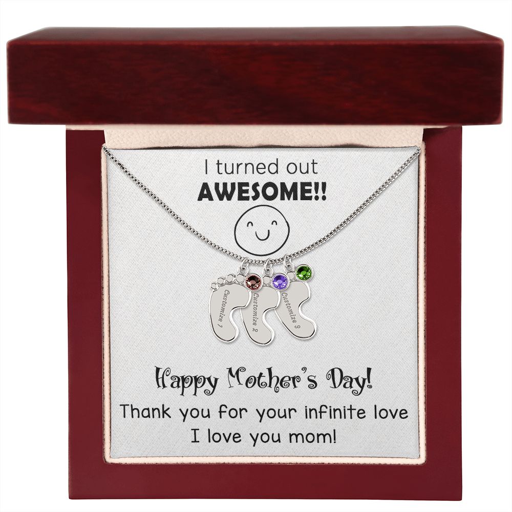 ENGRAVED BABY FEET WITH NAME AND BIRTHSTONE, NECKLACE GIFT FOR MOM WITH KIDS NAME, WITH MESSAGE CARD, MOTHER'S DAY GIFT FOR MOM FROM SON/DAUGHTER