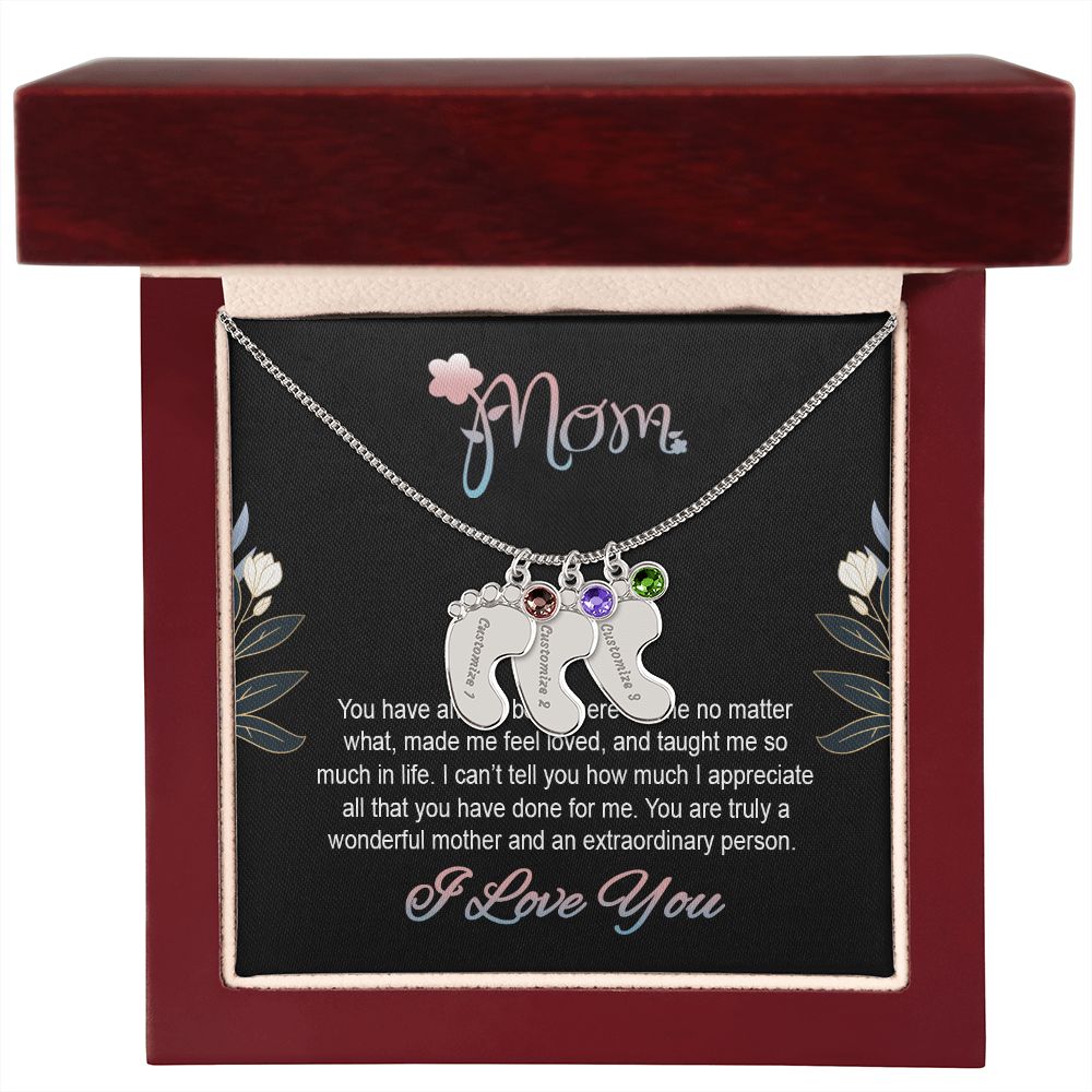 ENGRAVED BABY FEET WITH NAME AND BIRTHSTONE, NECKLACE GIFT FOR MOM WITH KIDS NAME, WITH MESSAGE CARD, BIRTHDAY/ MOTHER'S DAY GIFT FOR MOM FROM SON/DAUGHTER