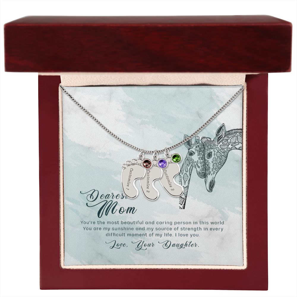 ENGRAVED BABY FEET WITH NAME AND BIRTHSTONE, NECKLACE GIFT FOR MOM WITH KIDS NAME, WITH MESSAGE CARD, BIRTHDAY/MOTHER'S DAY GIFT FOR MOM, FROM DAUGHTER