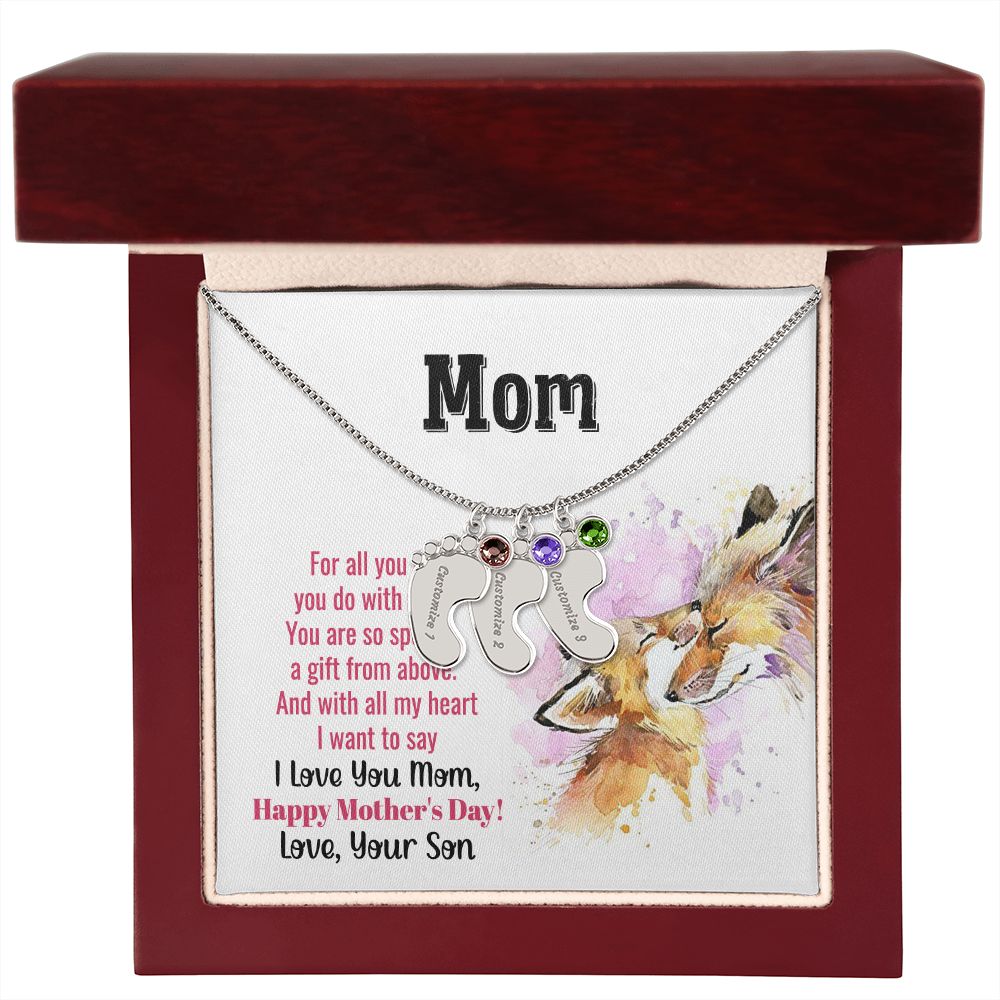 ENGRAVED BABY FEET WITH NAME AND BIRTHSTONE, NECKLACE GIFT FOR MOM WITH KIDS NAME, WITH MESSAGE CARD, MOTHER'S DAY GIFT FOR MOM FROM SON