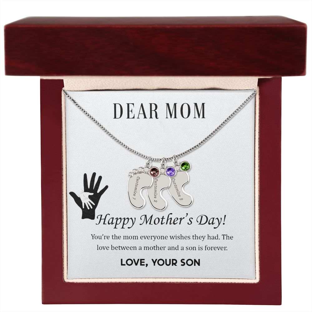 ENGRAVED BABY FEET WITH NAME AND BIRTHSTONE, NECKLACE GIFT FOR MOM WITH KIDS NAME, WITH MESSAGE CARD, BIRTHDAY/ MOTHER'S DAY GIFT FOR MOM FROM SON
