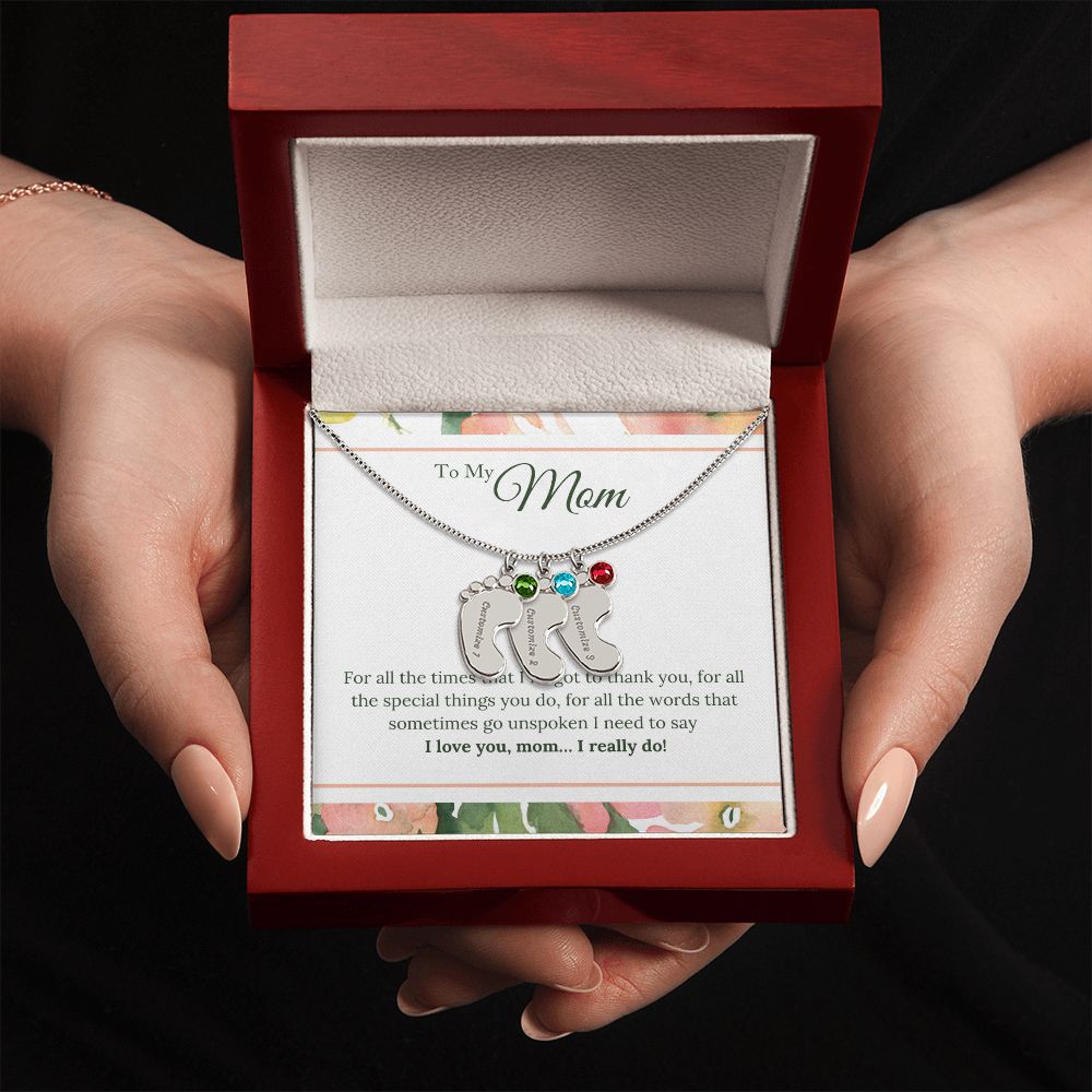ENGRAVED BABY FEET WITH NAME AND BIRTHSTONE, NECKLACE GIFT FOR MOM WITH KIDS NAME, WITH MESSAGE CARD, HAPPY MOTHER'S DAY GIFT FOR MOM FROM SON/DAUGHTER
