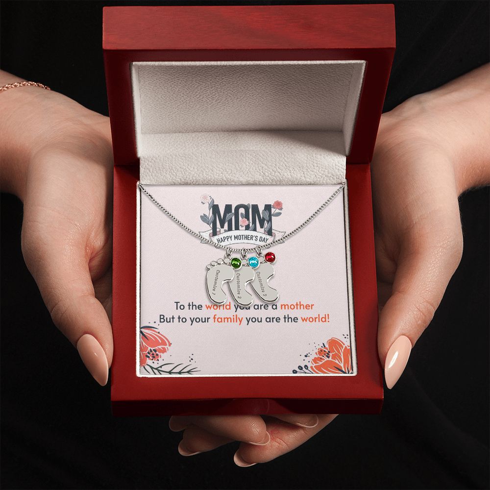 ENGRAVED BABY FEET WITH NAME AND BIRTHSTONE, NECKLACE GIFT FOR MOM WITH KIDS NAME, WITH MESSAGE CARD, MOTHER'S DAY GIFT FOR MOM FROM SON/DAUGHTER