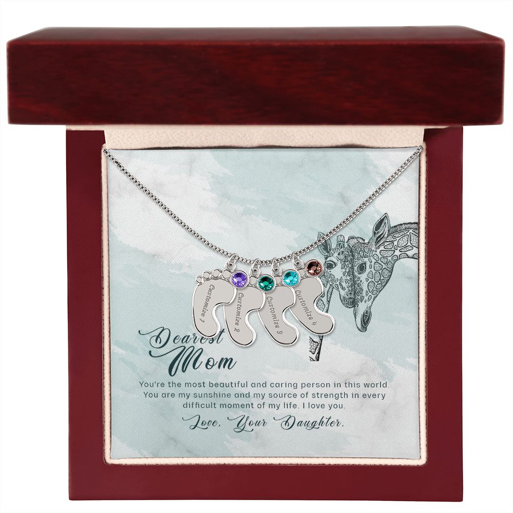ENGRAVED BABY FEET WITH NAME AND BIRTHSTONE, NECKLACE GIFT FOR MOM WITH KIDS NAME, WITH MESSAGE CARD, BIRTHDAY/MOTHER'S DAY GIFT FOR MOM, FROM DAUGHTER