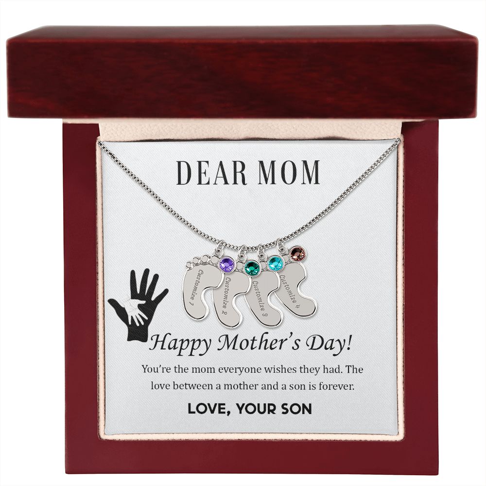 ENGRAVED BABY FEET WITH NAME AND BIRTHSTONE, NECKLACE GIFT FOR MOM WITH KIDS NAME, WITH MESSAGE CARD, BIRTHDAY/ MOTHER'S DAY GIFT FOR MOM FROM SON