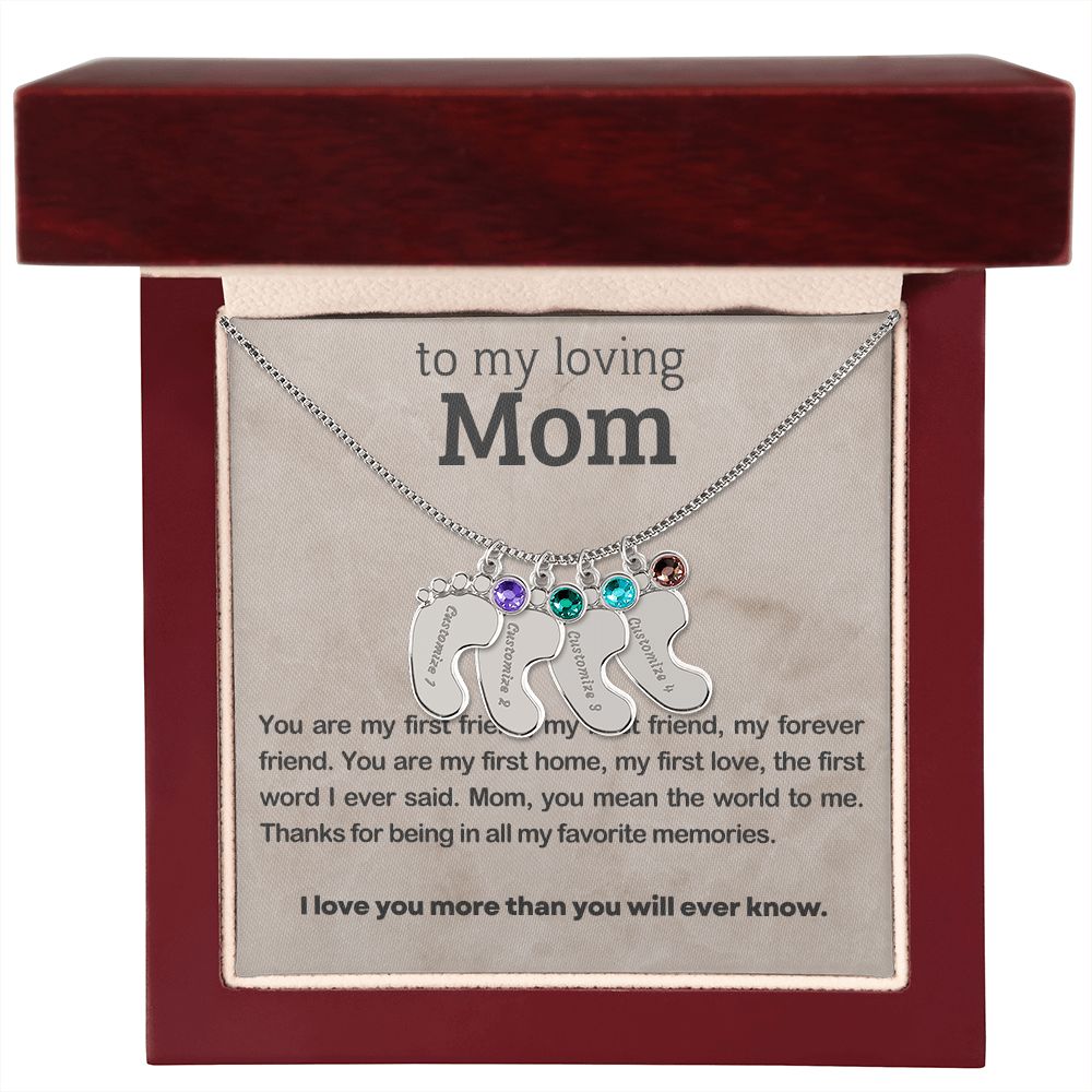 ENGRAVED BABY FEET WITH NAME AND BIRTHSTONE, NECKLACE GIFT FOR MOM WITH KIDS NAME, WITH MESSAGE CARD, BIRTHDAY/MOTHER'S DAY GIFT FOR MOM, FROM SON/DAUGHTER