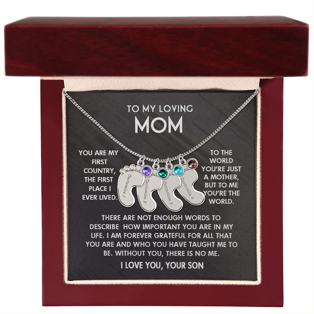 ENGRAVED BABY FEET WITH NAME AND BIRTHSTONE, NECKLACE GIFT FOR MOM WITH KIDS NAME, WITH MESSAGE CARD, BIRTHDAY/ MOTHER'S DAY GIFT FOR MOM FROM SON