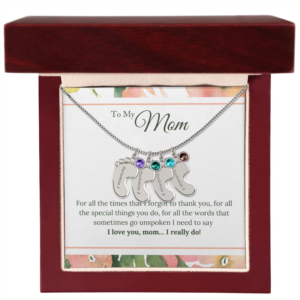 ENGRAVED BABY FEET WITH NAME AND BIRTHSTONE, NECKLACE GIFT FOR MOM WITH KIDS NAME, WITH MESSAGE CARD, HAPPY MOTHER'S DAY GIFT FOR MOM FROM SON/DAUGHTER