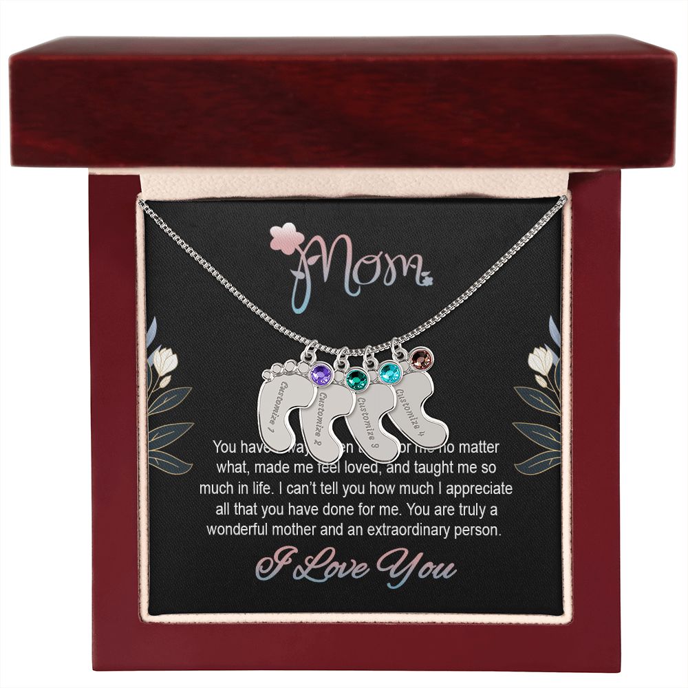 ENGRAVED BABY FEET WITH NAME AND BIRTHSTONE, NECKLACE GIFT FOR MOM WITH KIDS NAME, WITH MESSAGE CARD, BIRTHDAY/ MOTHER'S DAY GIFT FOR MOM FROM SON/DAUGHTER