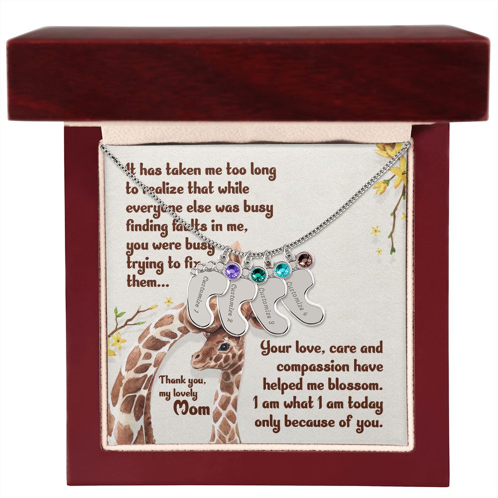 ENGRAVED BABY FEET WITH NAME AND BIRTHSTONE, NECKLACE GIFT FOR MOM WITH KIDS NAME, WITH MESSAGE CARD, HAPPY MOTHER'S DAY, GIFT FOR MOM FROM SON/DAUGHTER