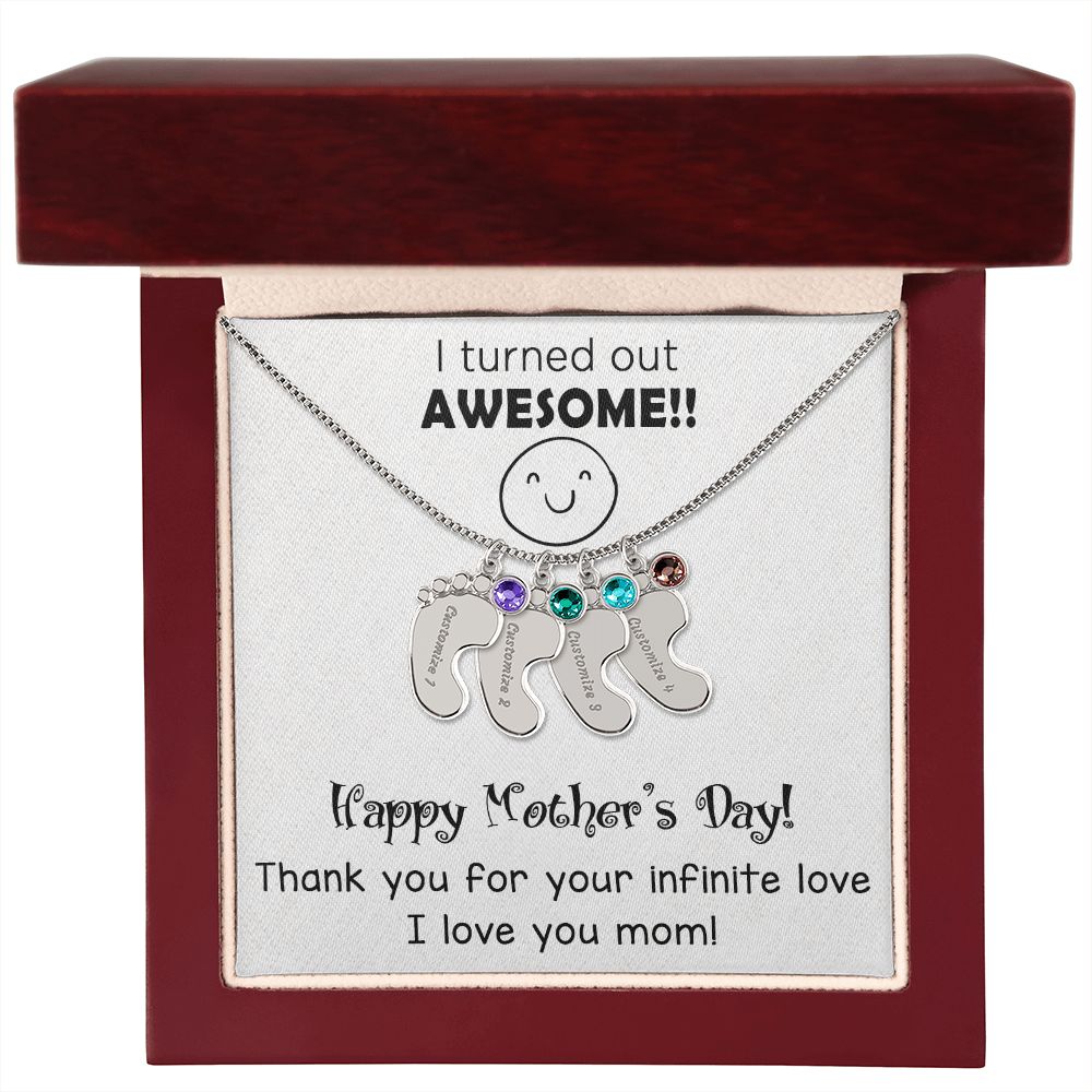 ENGRAVED BABY FEET WITH NAME AND BIRTHSTONE, NECKLACE GIFT FOR MOM WITH KIDS NAME, WITH MESSAGE CARD, MOTHER'S DAY GIFT FOR MOM FROM SON/DAUGHTER