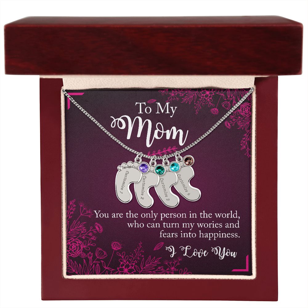 ENGRAVED BABY FEET WITH NAME AND BIRTHSTONE, NECKLACE GIFT FOR MOM WITH KIDS NAME, WITH MESSAGE CARD, BIRTHDAY/MOTHER'S DAY GIFT FOR MOM, FROM SON/DAUGHTER