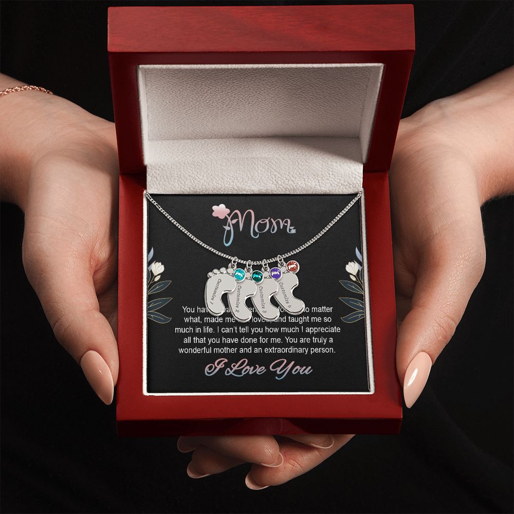 ENGRAVED BABY FEET WITH NAME AND BIRTHSTONE, NECKLACE GIFT FOR MOM WITH KIDS NAME, WITH MESSAGE CARD, BIRTHDAY/ MOTHER'S DAY GIFT FOR MOM FROM SON/DAUGHTER