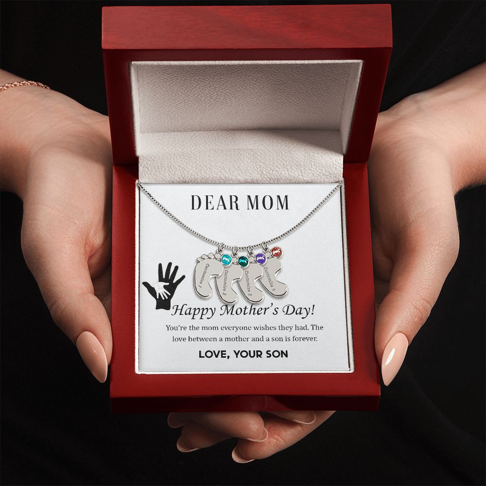 ENGRAVED BABY FEET WITH NAME AND BIRTHSTONE, NECKLACE GIFT FOR MOM WITH KIDS NAME, WITH MESSAGE CARD, BIRTHDAY/ MOTHER'S DAY GIFT FOR MOM FROM SON
